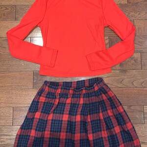 Teen Girls  Mock‎ Neck Red Top & Tartan Print Skirt 14 yo